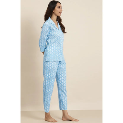 Women's Casual 3/4 th Sleeve Floral Printed Rayon Shirt With Pyjama Pant Night Suit Set (Blue)