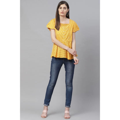 Women's Casual Short Sleeves Stripe Printed Rayon Top (Mustard)