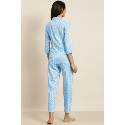 Women's Casual 3/4 th Sleeve Floral Printed Rayon Shirt With Pyjama Pant Night Suit Set (Blue)