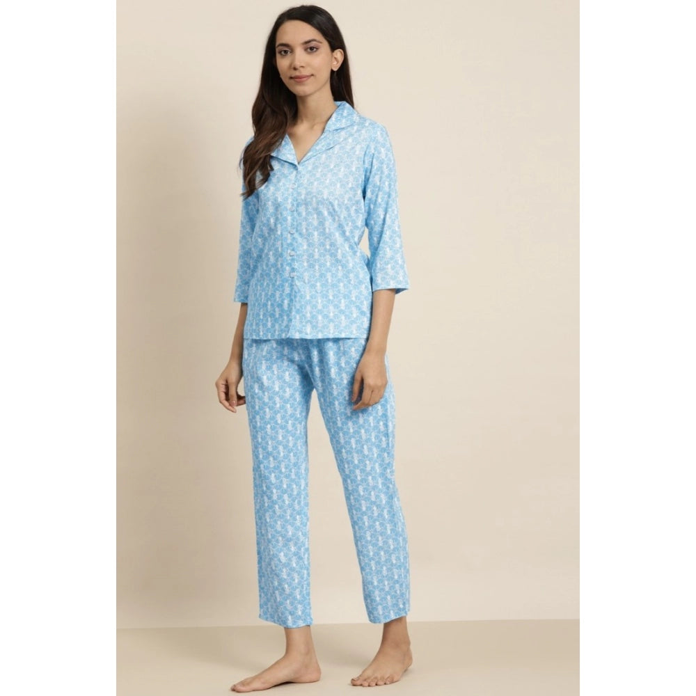 Women's Casual 3/4 th Sleeve Floral Printed Rayon Shirt With Pyjama Pant Night Suit Set (Blue)
