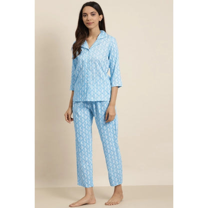 Women's Casual 3/4 th Sleeve Floral Printed Rayon Shirt With Pyjama Pant Night Suit Set (Blue)