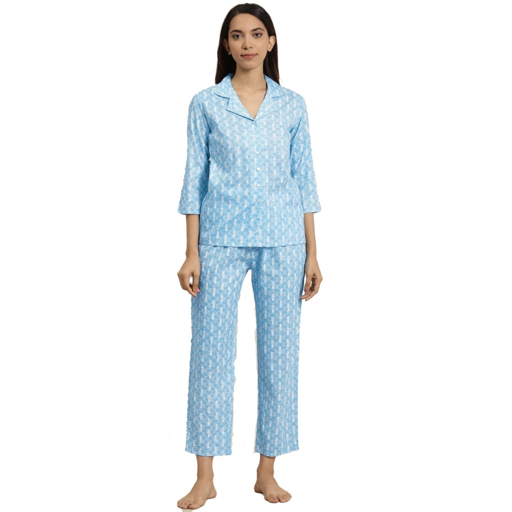 Women's Casual 3/4 th Sleeve Floral Printed Rayon Shirt With Pyjama Pant Night Suit Set (Blue)