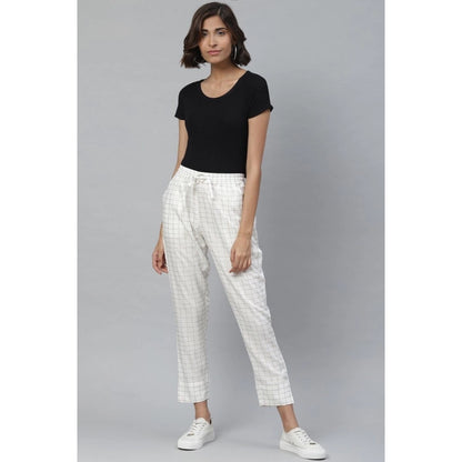 Women's Casual Checked Rayon Trouser Pant (White)