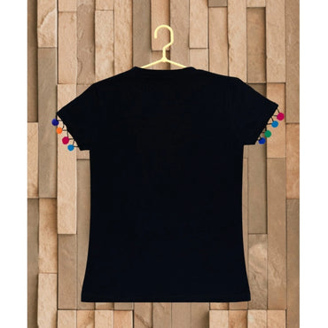 Girl's Casual Short Sleeve Printed Cotton T-Shirt (Black)