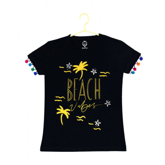 Girl's Casual Short Sleeve Printed Cotton T-Shirt (Black)