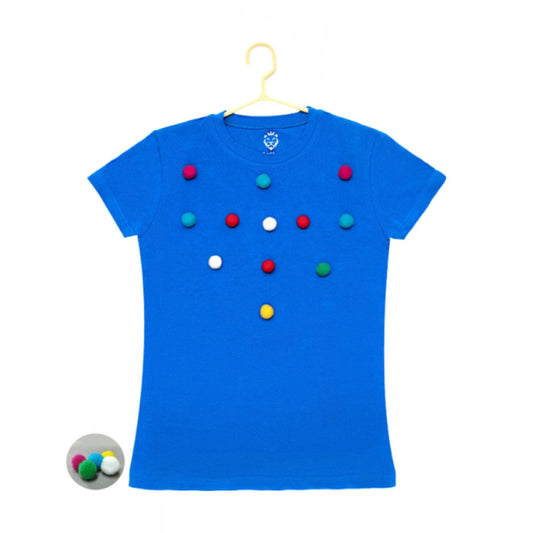 Girl's Casual Short Sleeve Pom Pom Balls Cotton T-Shirt (Royal Blue)