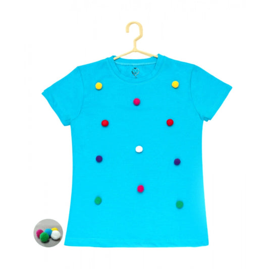 Girl's Casual Short Sleeve Pom Pom Balls Cotton T-Shirt (Blue)