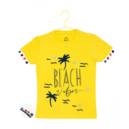 Girl's Casual Short Sleeve Printed Cotton T-Shirt (Yellow)