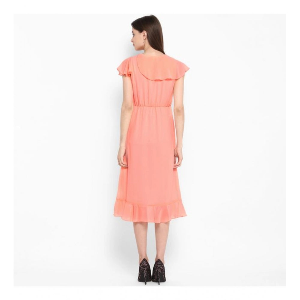 Women's Polyester Ruffled Cap Sleeve Below Knee Dress (Neon Pink)