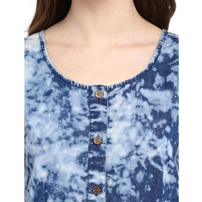 Women's Denim Tie & Dye Sleeveless Above Knee Dress (Blue)