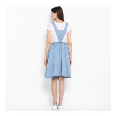 Women's Denim Solid Sleeveless Above Knee Dress (Blue)