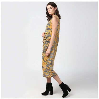 Women's Polyester Chain Print Sleeveless Below Knee Dress (Yellow - Black)
