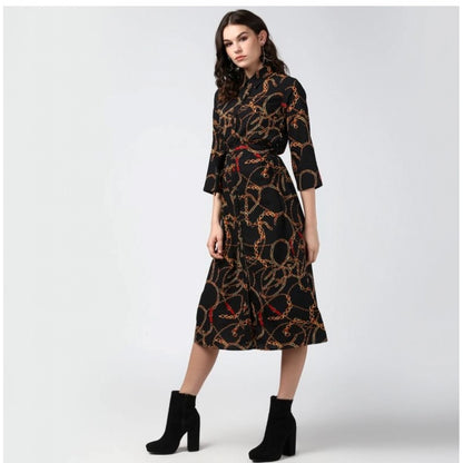 Women's Polyester Chain Print Roll Up Sleeve Below Knee Dress (Black - Yellow)