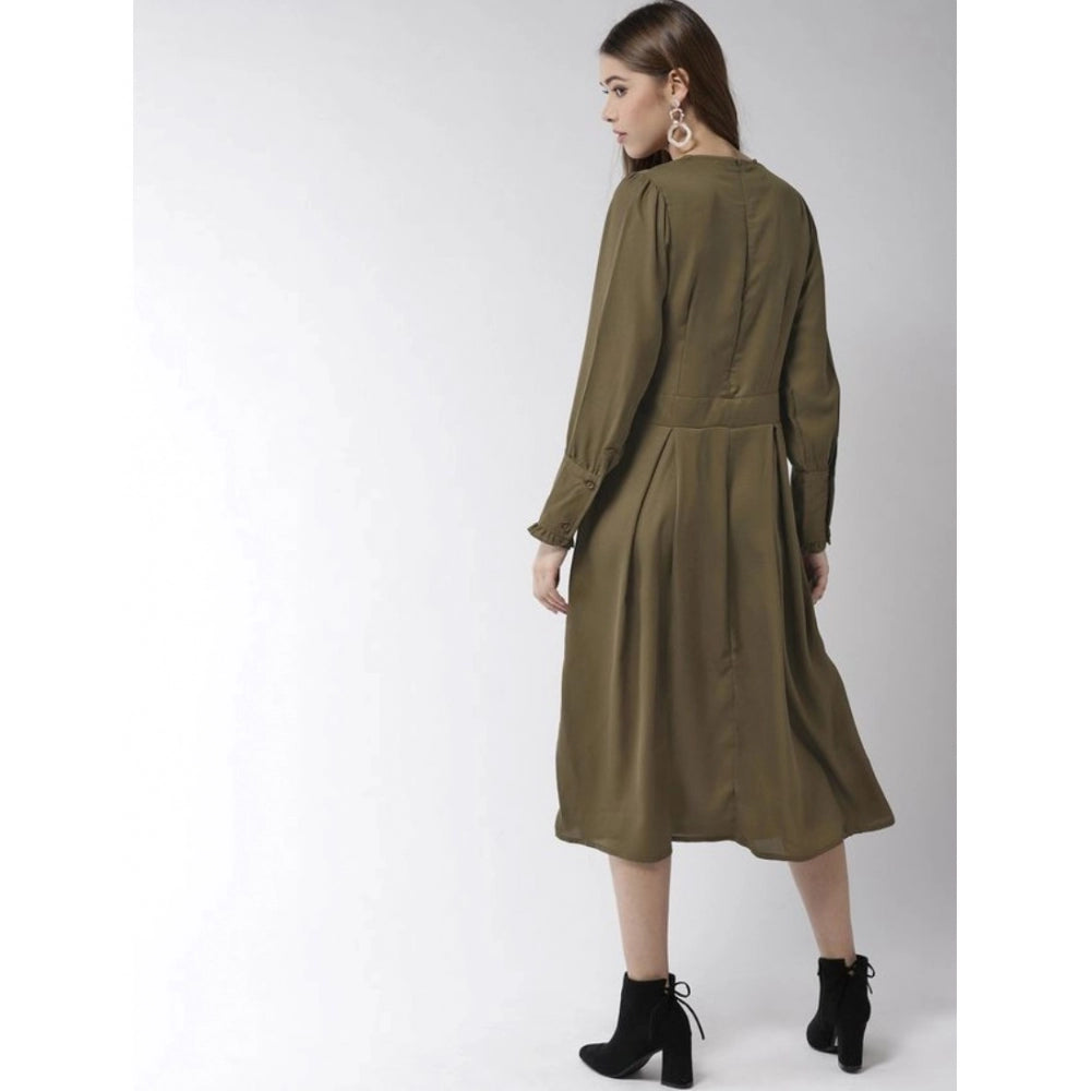 Women's Polyester Pintuck Long Sleeves Below Knee Dress (Olive)