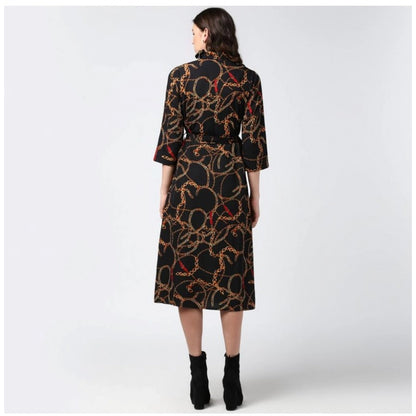 Women's Polyester Chain Print Roll Up Sleeve Below Knee Dress (Black - Yellow)