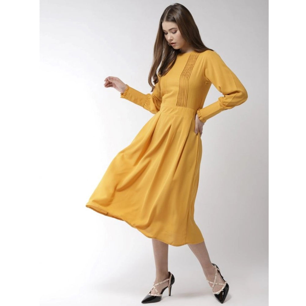 Women's Polyester Pintuck Long Sleeves Below Knee Dress (Yellow)