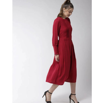 Women's Polyester Pintuck Long Sleeves Below Knee Dress (Red)