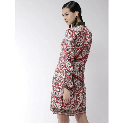 Women's Polyester Printed Long Sleeves Above Knee Dress (Red)