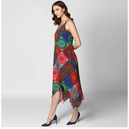 Women's Polyester Asymmetrical Shoulder Straps Knee-Length Dress (Multicolor)