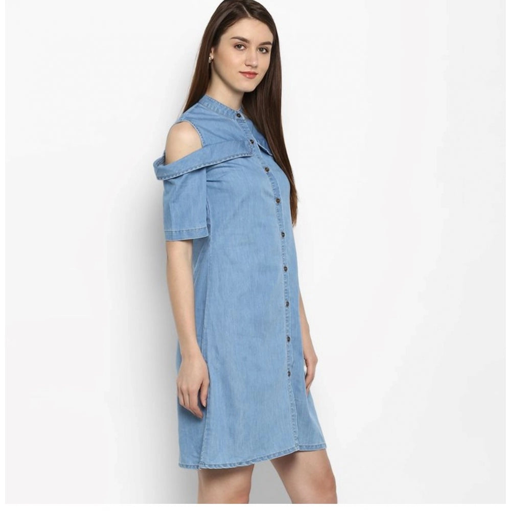 Women's Denim Solid Cold Shoulder Above Knee Dress (Blue)