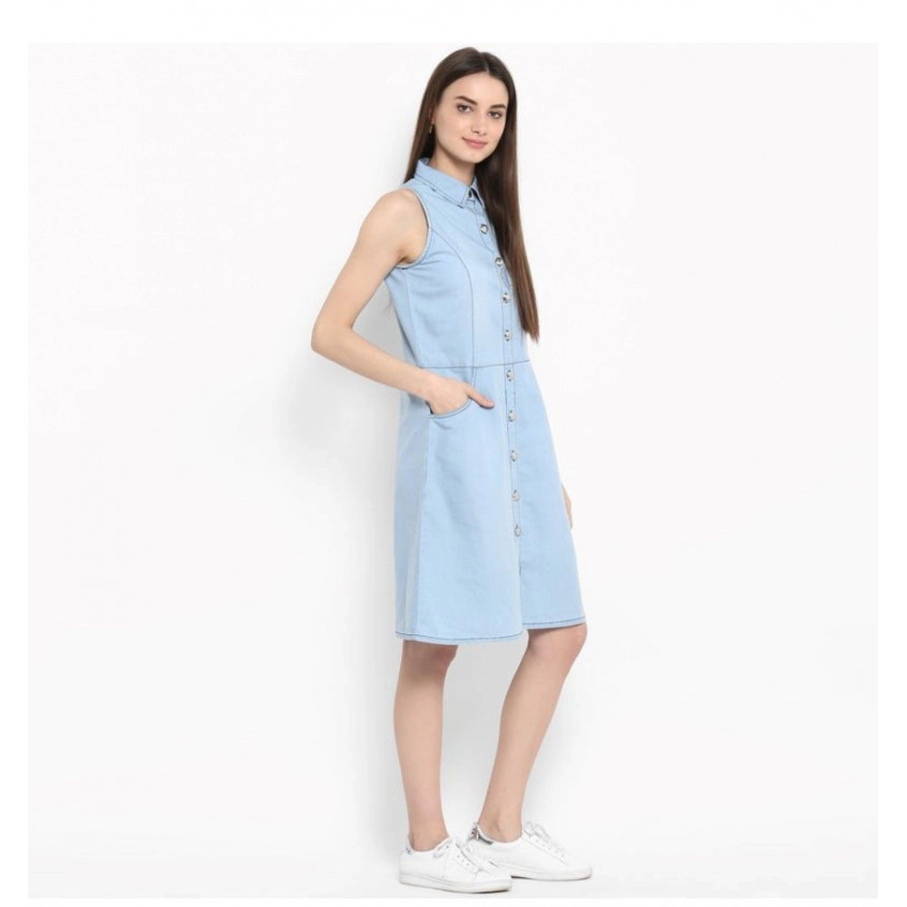 Women's Denim Solid Sleeveless Below Knee Dress (Blue)