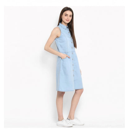 Women's Denim Solid Sleeveless Below Knee Dress (Blue)