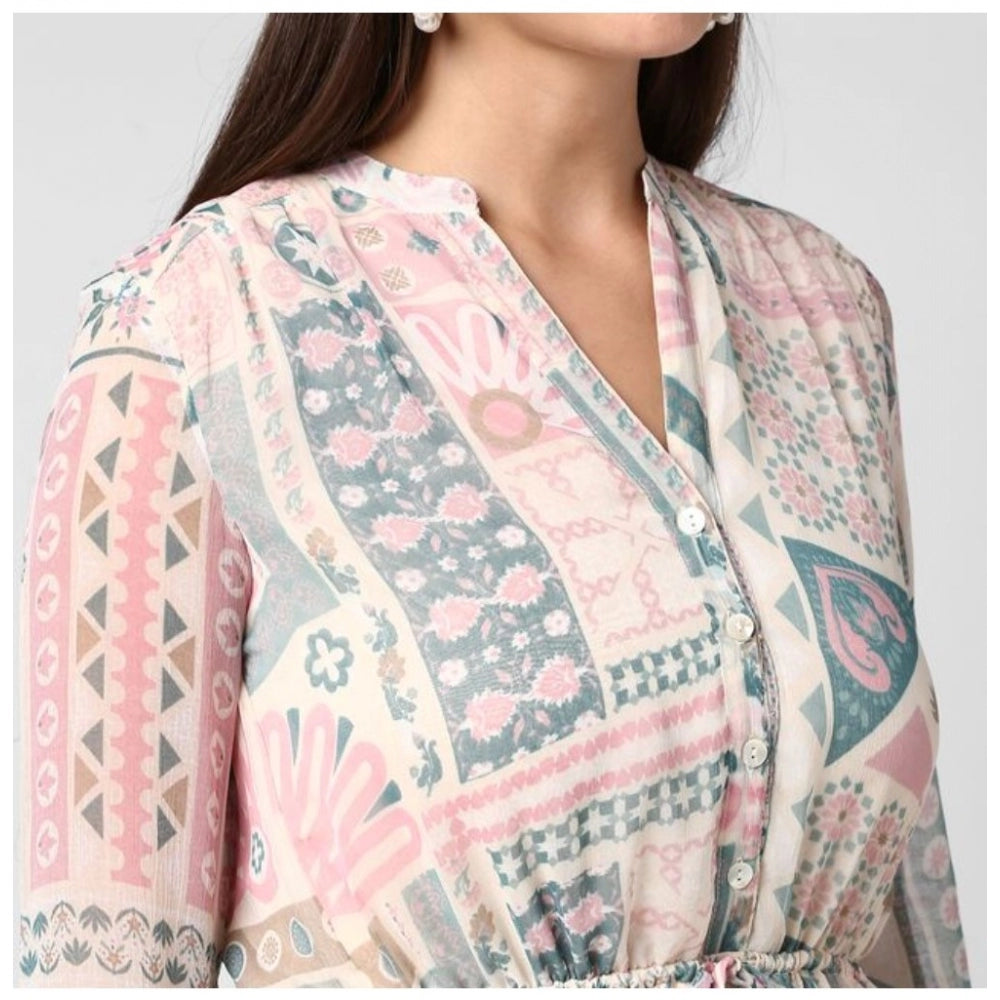 Women's Polyester Printed Long Sleeves Above Knee Dress (Light Pink - Off White)