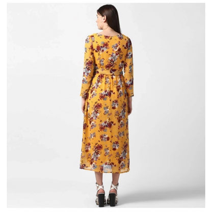 Women's Polyester Floral Long Sleeves Calf-length Dress (Yellow)