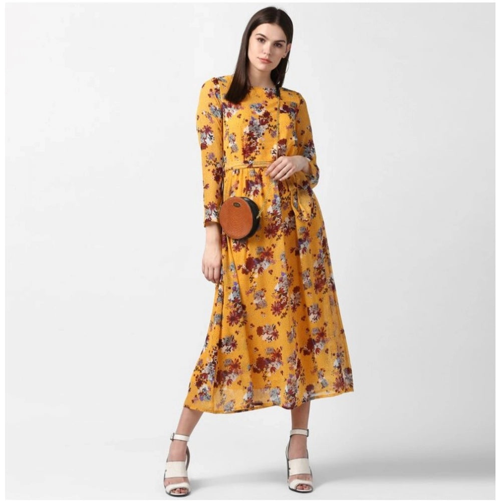 Women's Polyester Floral Long Sleeves Calf-length Dress (Yellow)