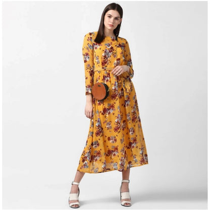 Women's Polyester Floral Long Sleeves Calf-length Dress (Yellow)
