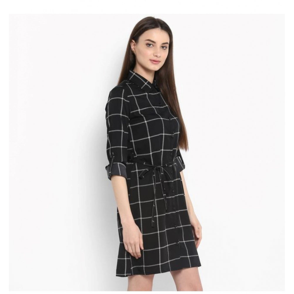 Women's Polyester Checkered Roll Up Sleeve Above Knee Dress (Black - White)