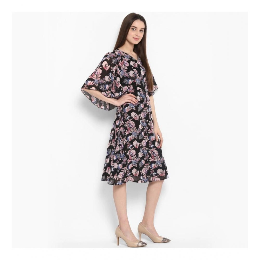 Women's Polyester Floral Short Sleeve Knee-Length Dress (Black - Multicolor)