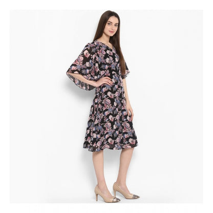 Women's Polyester Floral Short Sleeve Knee-Length Dress (Black - Multicolor)