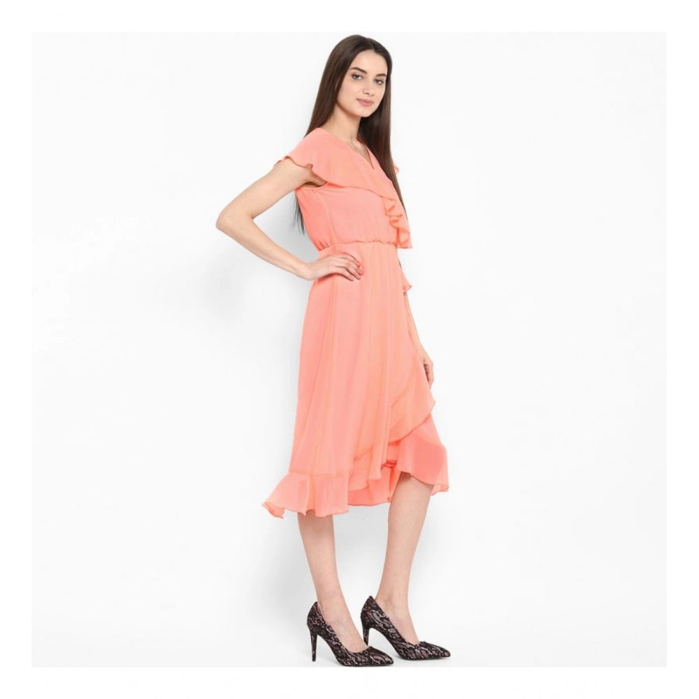Women's Polyester Ruffled Cap Sleeve Below Knee Dress (Neon Pink)