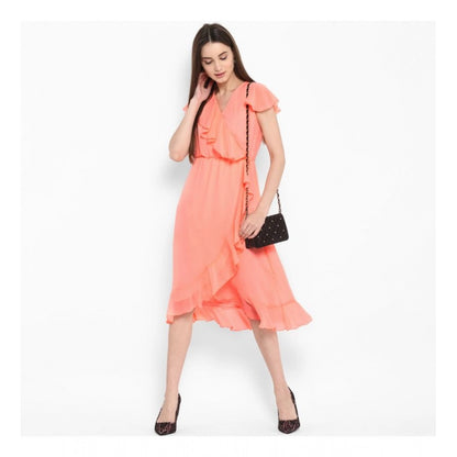 Women's Polyester Ruffled Cap Sleeve Below Knee Dress (Neon Pink)
