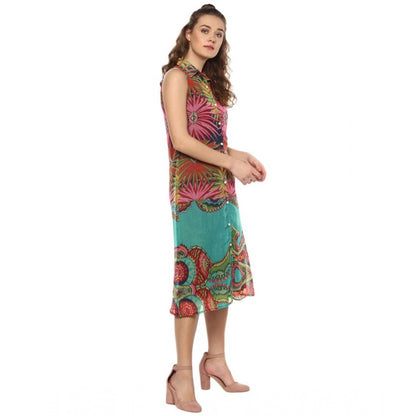 Women's Polyester Floral Sleeveless Below Knee Dress (Multicolor)
