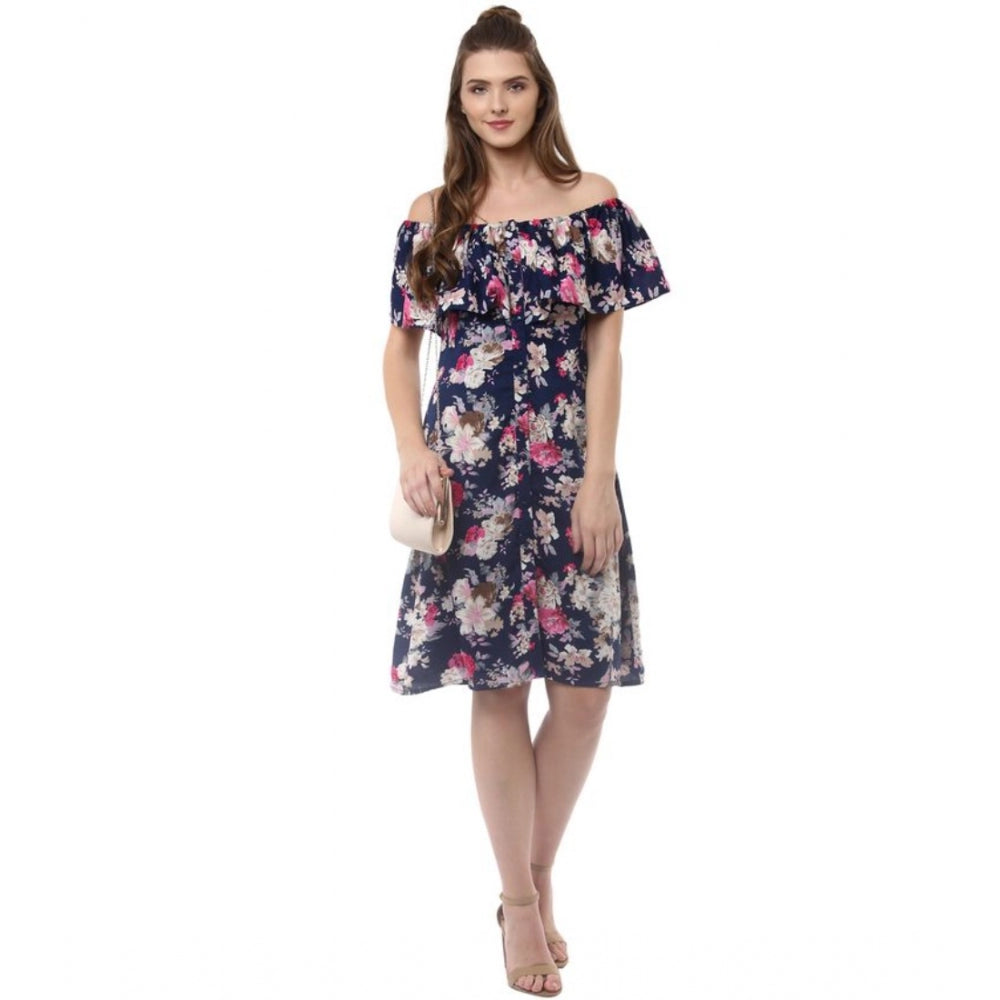 Women's Polyester Crepe Floral Half Sleeve Above Knee Dress (Navy Blue)