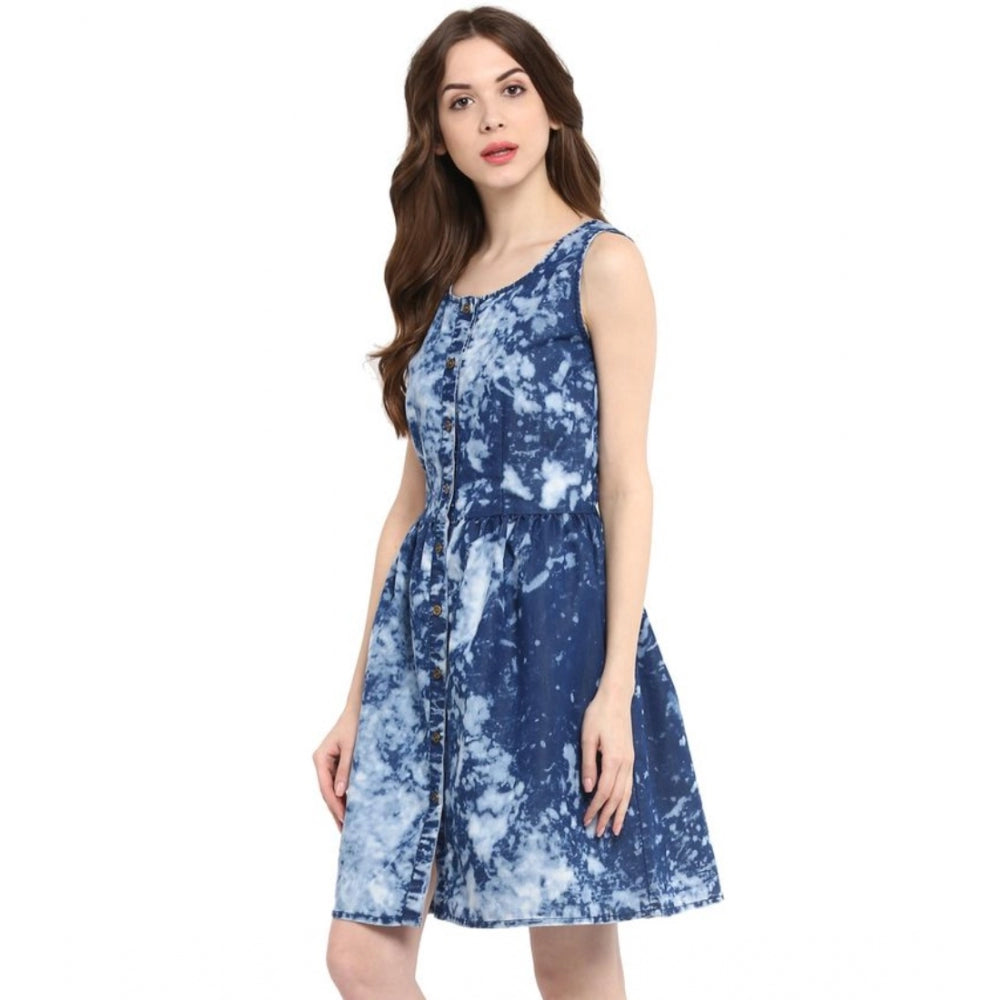 Women's Denim Tie & Dye Sleeveless Above Knee Dress (Blue)