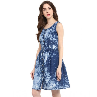 Women's Denim Tie & Dye Sleeveless Above Knee Dress (Blue)