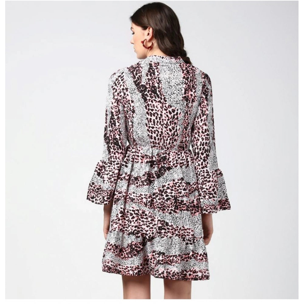 Women's Polyester Animal Print Bell Sleeve Above Knee Dress (Pink - Black)