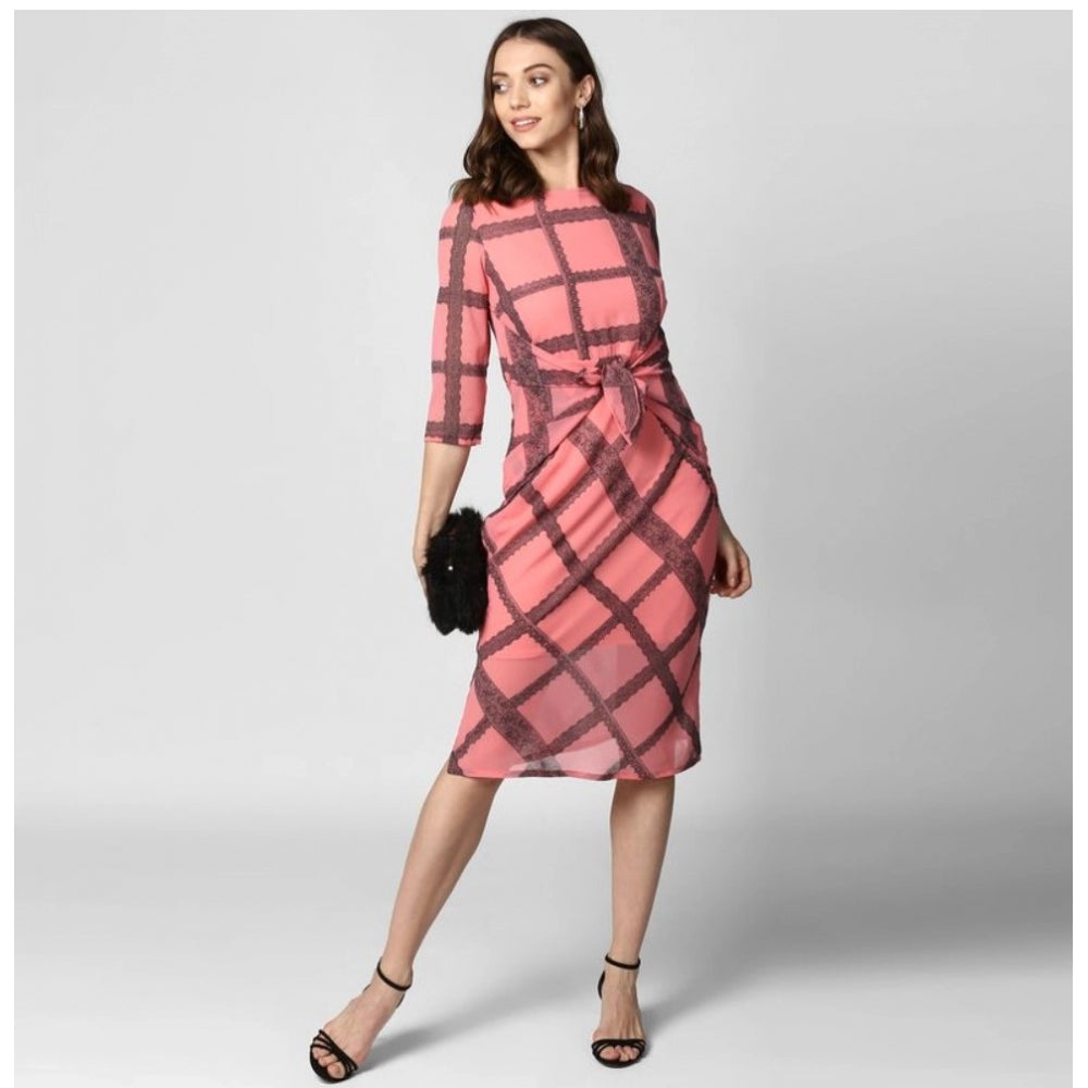 Women's Polyester Checkered 3-4th Sleeves Below Knee Dress (Pink - Black)