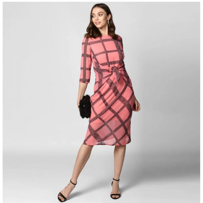 Women's Polyester Checkered 3-4th Sleeves Below Knee Dress (Pink - Black)