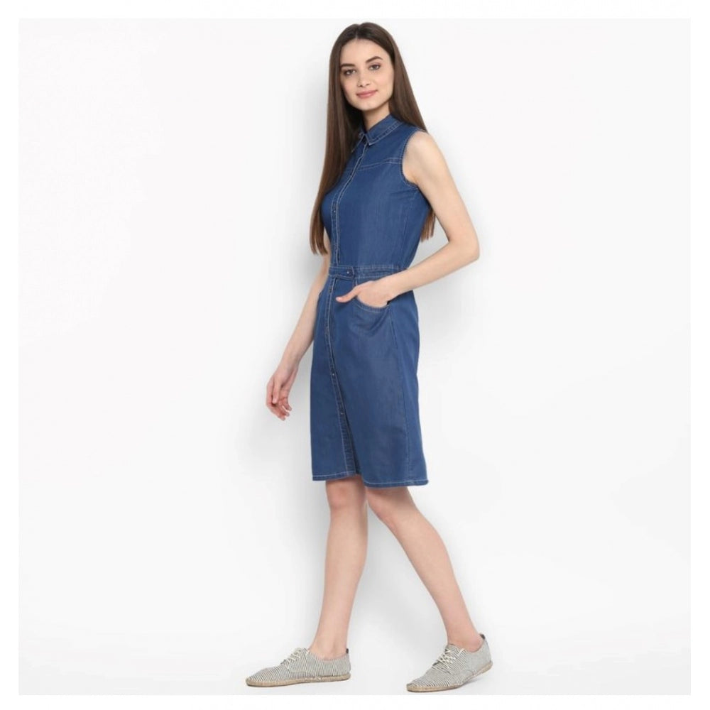 Women's Denim Solid Sleeveless Above Knee Dress (Blue)