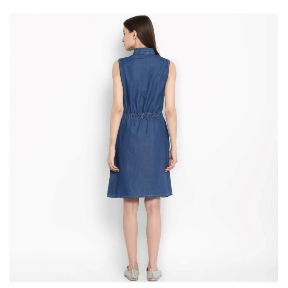 Women's Denim Solid Sleeveless Above Knee Dress (Blue)