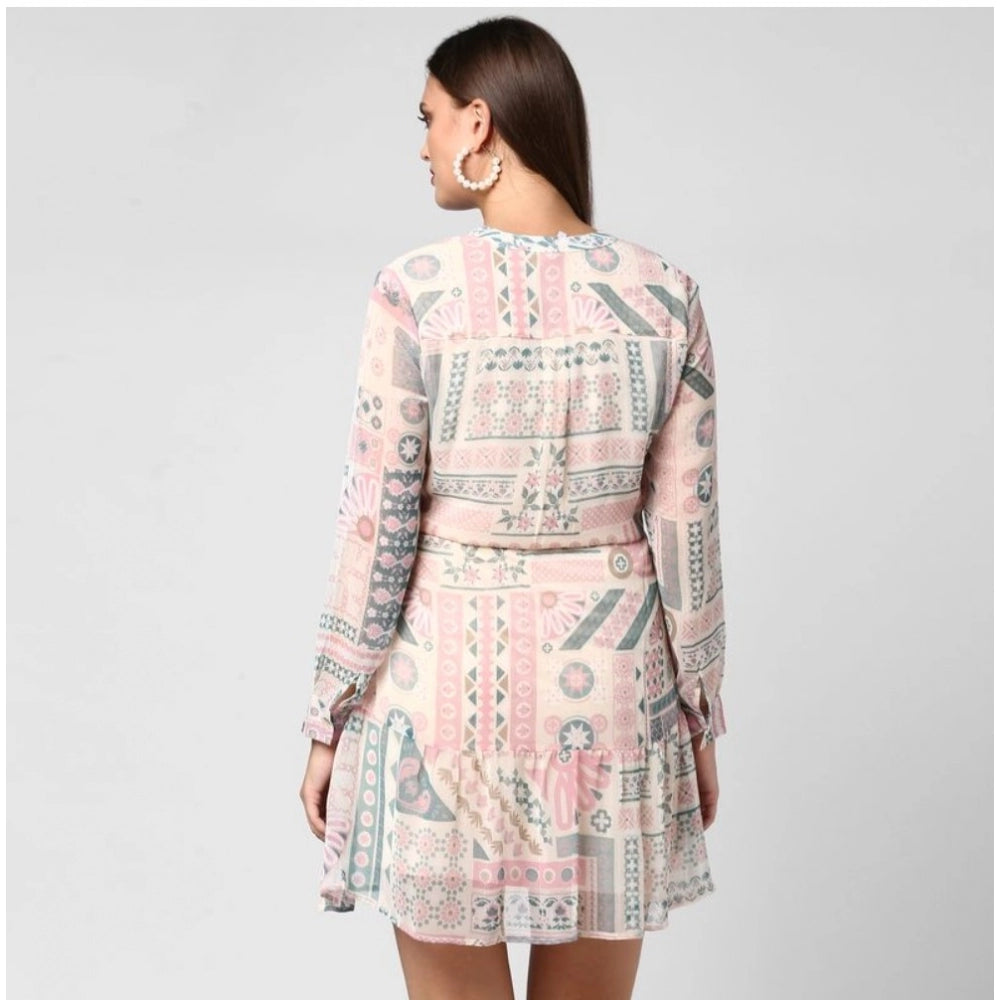Women's Polyester Printed Long Sleeves Above Knee Dress (Light Pink - Off White)