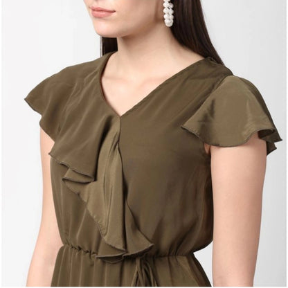 Women's Polyester Ruffled Cap Sleeve Knee-Length Dress (Olive)