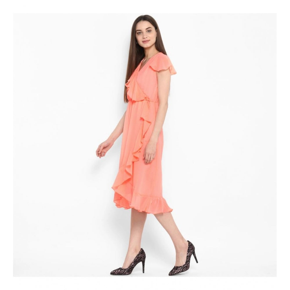 Women's Polyester Ruffled Cap Sleeve Below Knee Dress (Neon Pink)