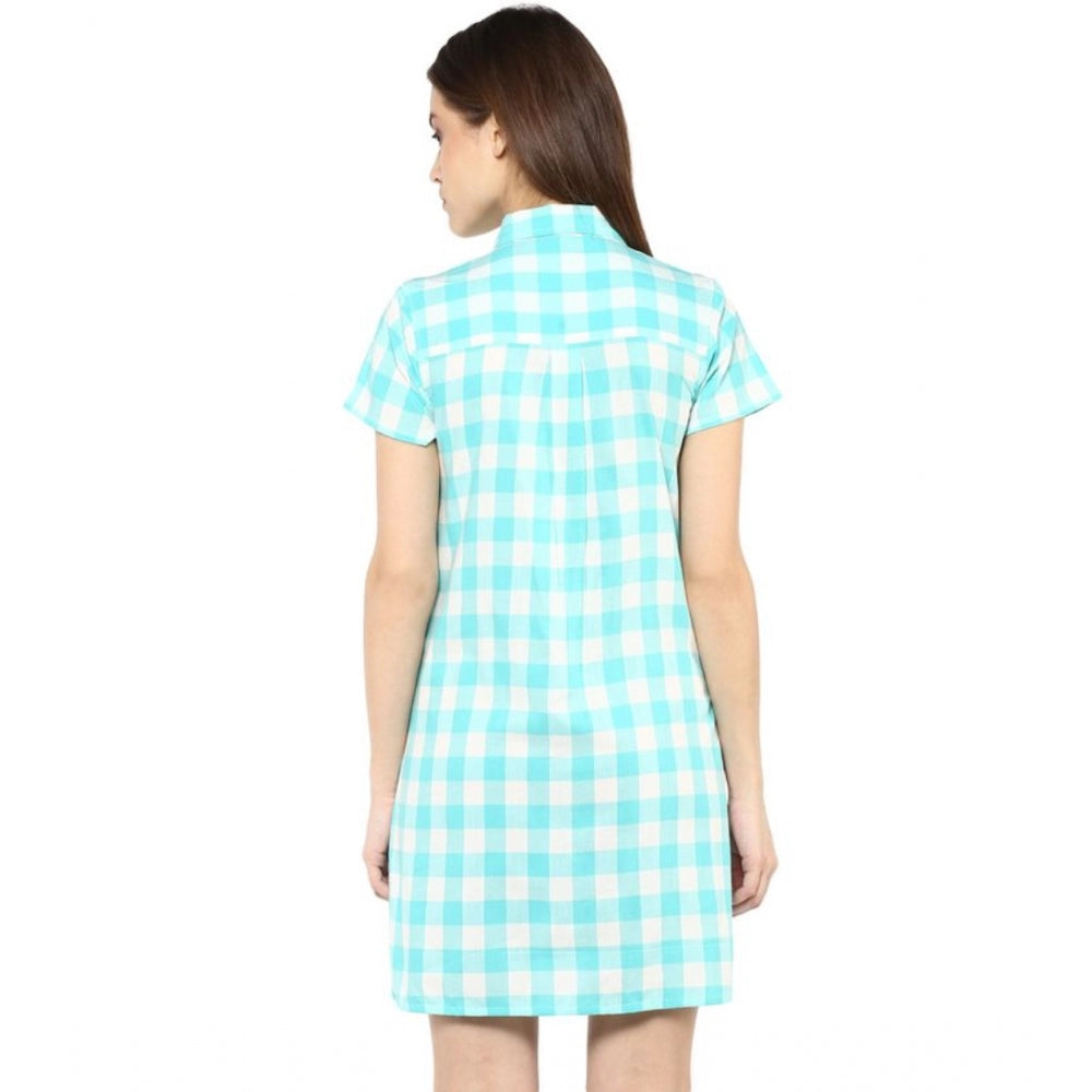 Women's Rayon Checkered Short Sleeve Above Knee Dress (SkuBlue - White)