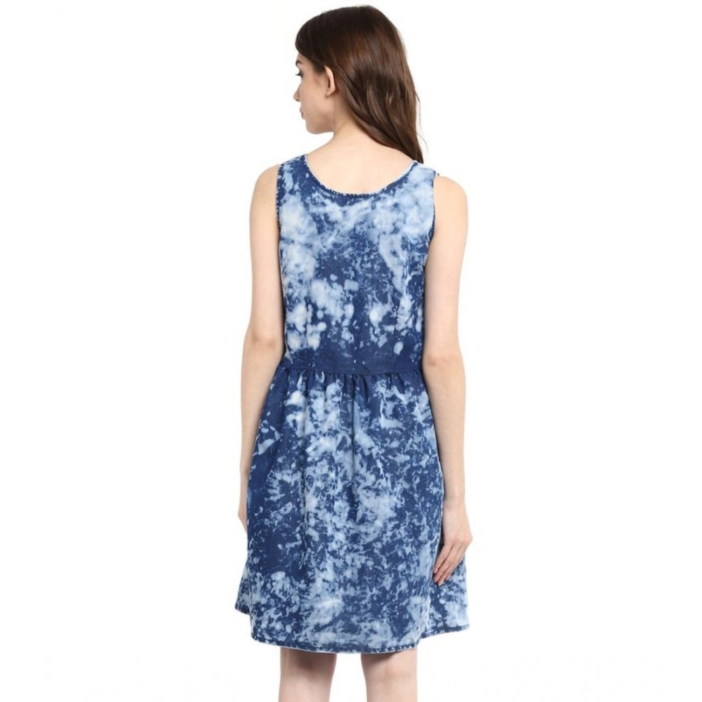 Women's Denim Tie & Dye Sleeveless Above Knee Dress (Blue)