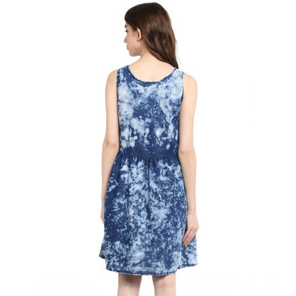 Women's Denim Tie & Dye Sleeveless Above Knee Dress (Blue)
